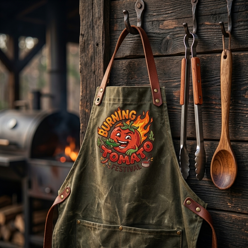 Waxed canvas and leather BBQ apron hanging next to tongs and smoker