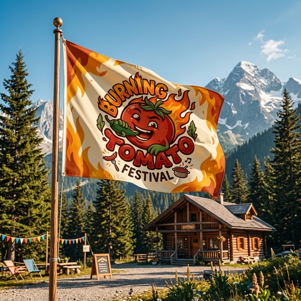 Massive Burning Tomato festival flag fluttering on a wooden pole in the mountains