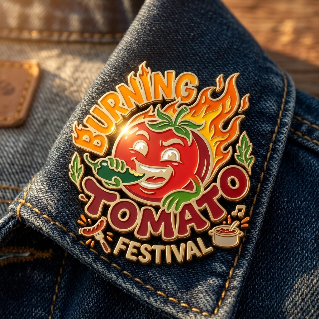 Gold die-cast hard enamel pin of the Burning Tomato Festival logo pinned to a denim jacket