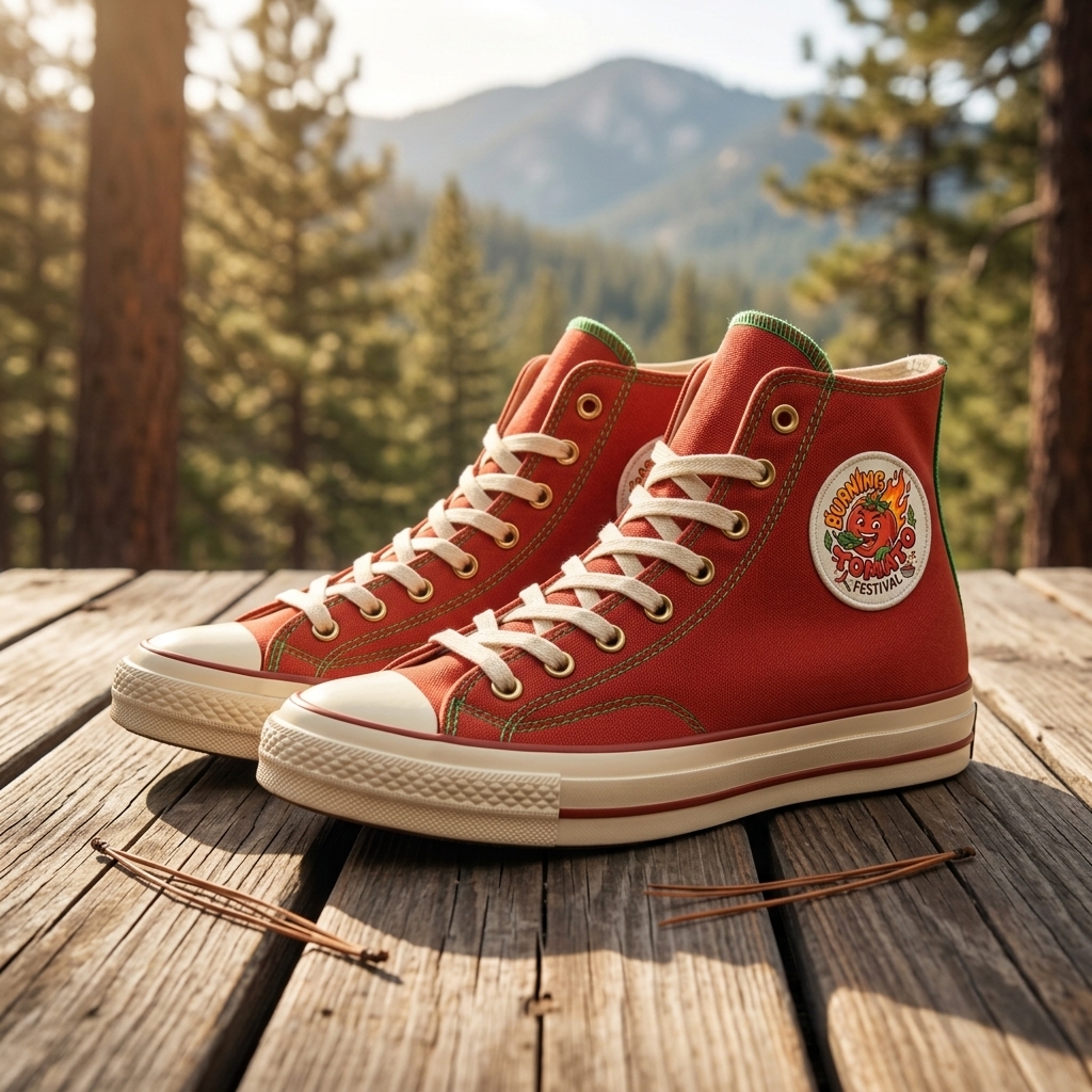 Custom high-top canvas sneakers in roasted tomato red with embroidered logo patch