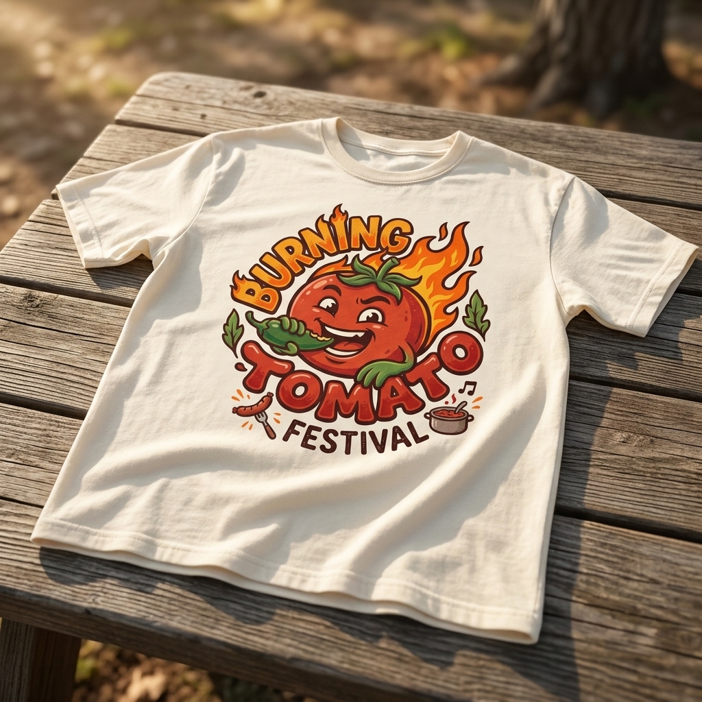 Vintage cream heavyweight t-shirt featuring the Burning Tomato Festival logo